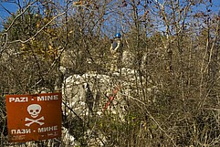 Ein Minen-Warnschild in steingem Gestrüpp in Bosnien