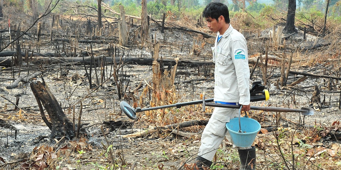 Ein Minenräumer marschiert durch ein verbranntes Gebiet voller Pflanzen- und Baumstümpfe.