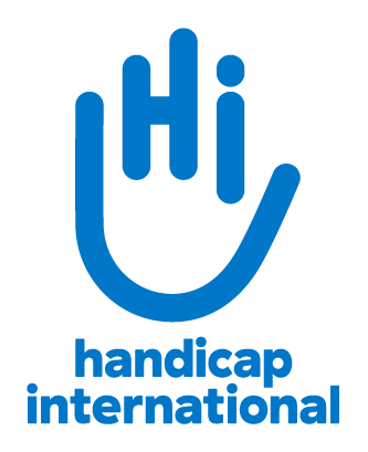 Das neue Logo von Handicap International. Ein Piktogramm mit einer Hand, die die Buchstaben HI formt. Darutner der Name. 
